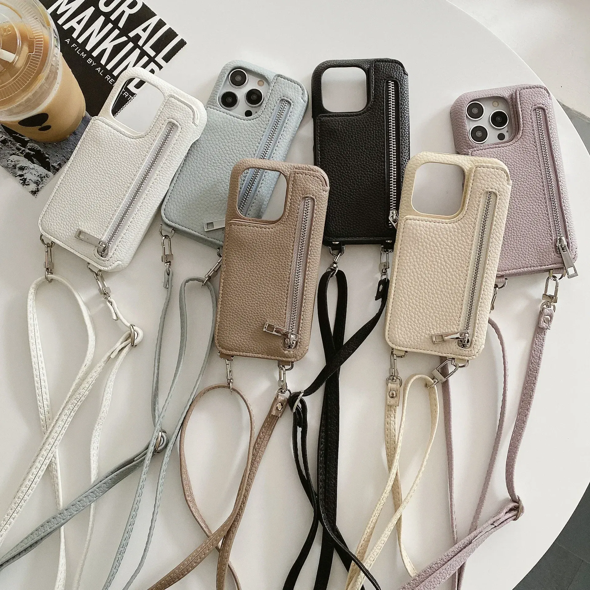 Material: PC, Color: black - Zipper Wallet Makeup Mirror Crossbody Lanyard Case For iPhone 16 15 14 Pro Max 13 12 11 XR XS 7 8 Plus Card Slot Leather Cover
