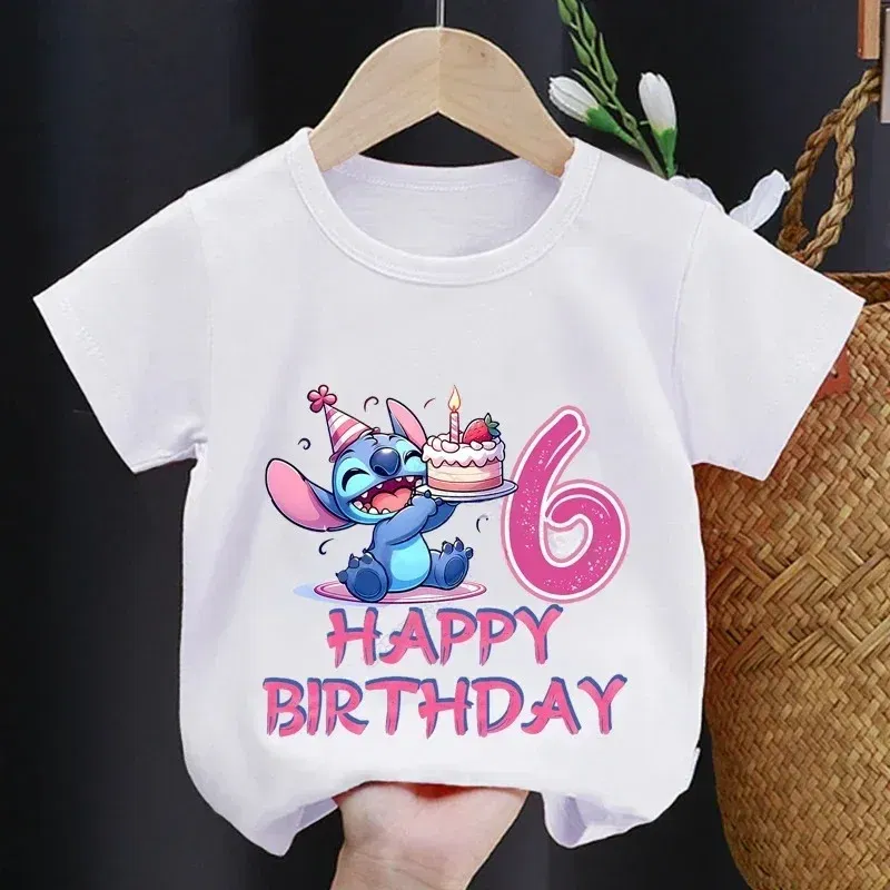 Color: Khaki, Kid Size: 18M - Lilo Stitch Children T-shirt Birthday 3-10 Years Boy Girl Clothing Summer Cartoon Print Tshirt Short Sleeve Cotton Top Baby Tee