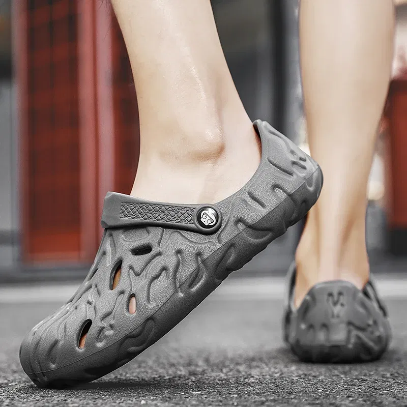 Color: GRAY, Shoe Size: 42 - Men Summer Slippers Thick Sole Mens Clogs Sandals Hollow Breathable Flip Flops Sandals Shoes Fashion Beach Slippers