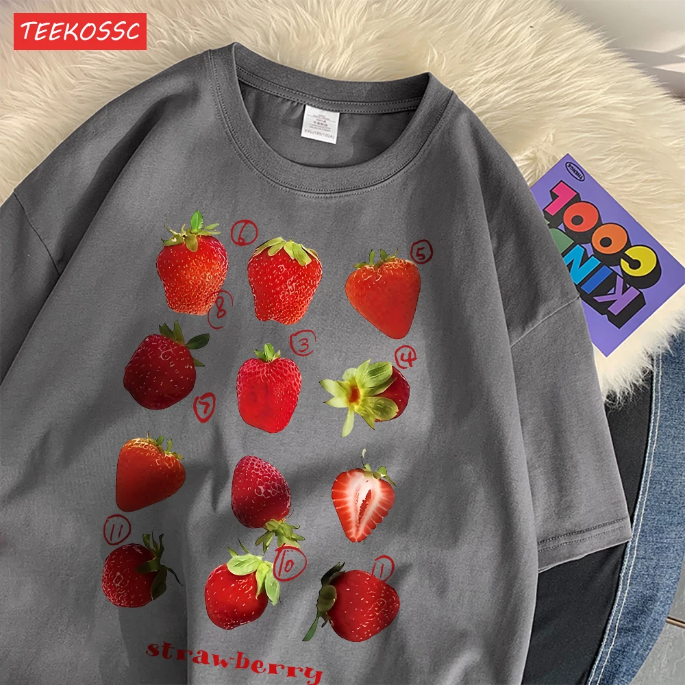 Color: Gold, Size: XL - 100% Cotton Women T-shirt Cute Fresh Strawberries Printed Tee Shirt Summer Comfortable Loose Tops Street Fashion Female Clothes
