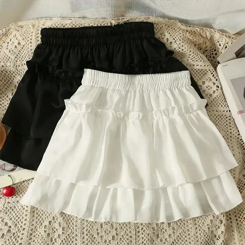 Color: WHITE, Size: One Size - Summer Kawaii White Ruflles Skirt Women Fashion Slim Fit Chiffon Mini Skirts Giris Y2k All Match Elastic High Waist Black Faldas