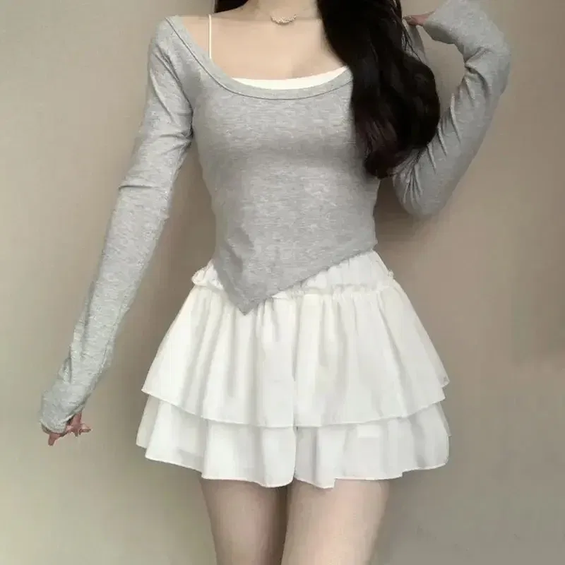 Color: WHITE, Size: One Size - Summer Kawaii White Ruflles Skirt Women Fashion Slim Fit Chiffon Mini Skirts Giris Y2k All Match Elastic High Waist Black Faldas