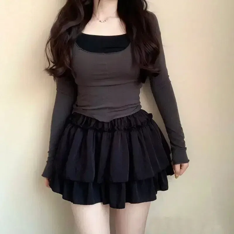 Color: WHITE, Size: One Size - Summer Kawaii White Ruflles Skirt Women Fashion Slim Fit Chiffon Mini Skirts Giris Y2k All Match Elastic High Waist Black Faldas