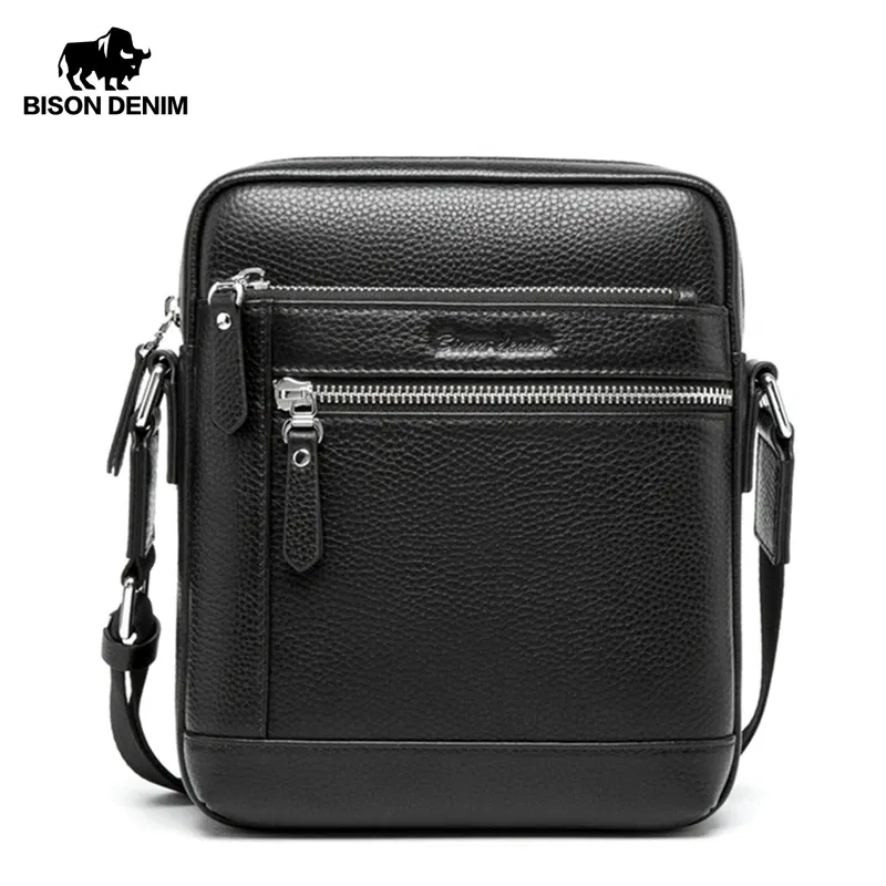Color: Beige, Ships From: CN - BISON DENIM Classic Black Male Bag Genuine Leather Business Crossbody Bag iPad Mens Messenger Bag Casual bolsas male N2845