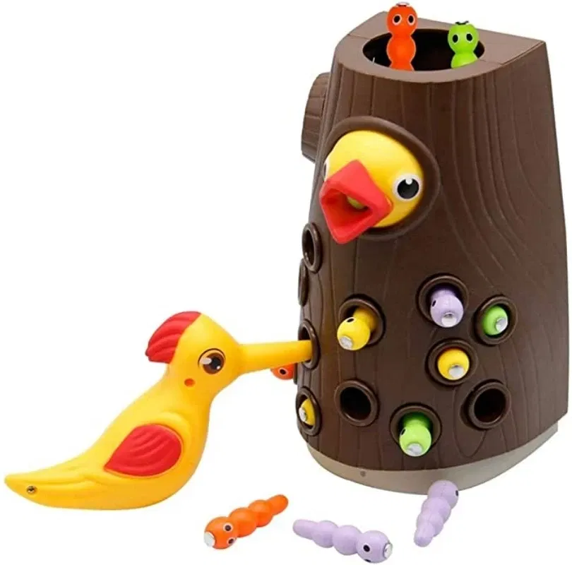 Color: Fuchsia - Montessori Toy Woodpecker Magnetic Catch Worm Bugs Small Birds Feeding Game Toys for Children Kids Early Educational Family Toys