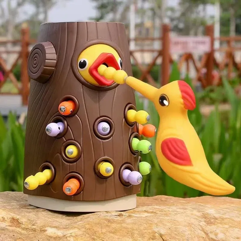Color: Fuchsia - Montessori Toy Woodpecker Magnetic Catch Worm Bugs Small Birds Feeding Game Toys for Children Kids Early Educational Family Toys