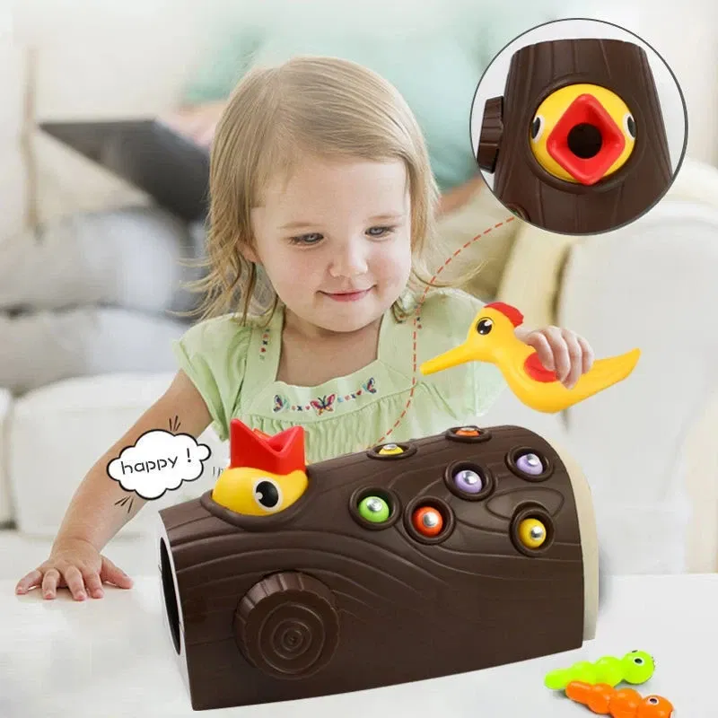 Color: Fuchsia - Montessori Toy Woodpecker Magnetic Catch Worm Bugs Small Birds Feeding Game Toys for Children Kids Early Educational Family Toys