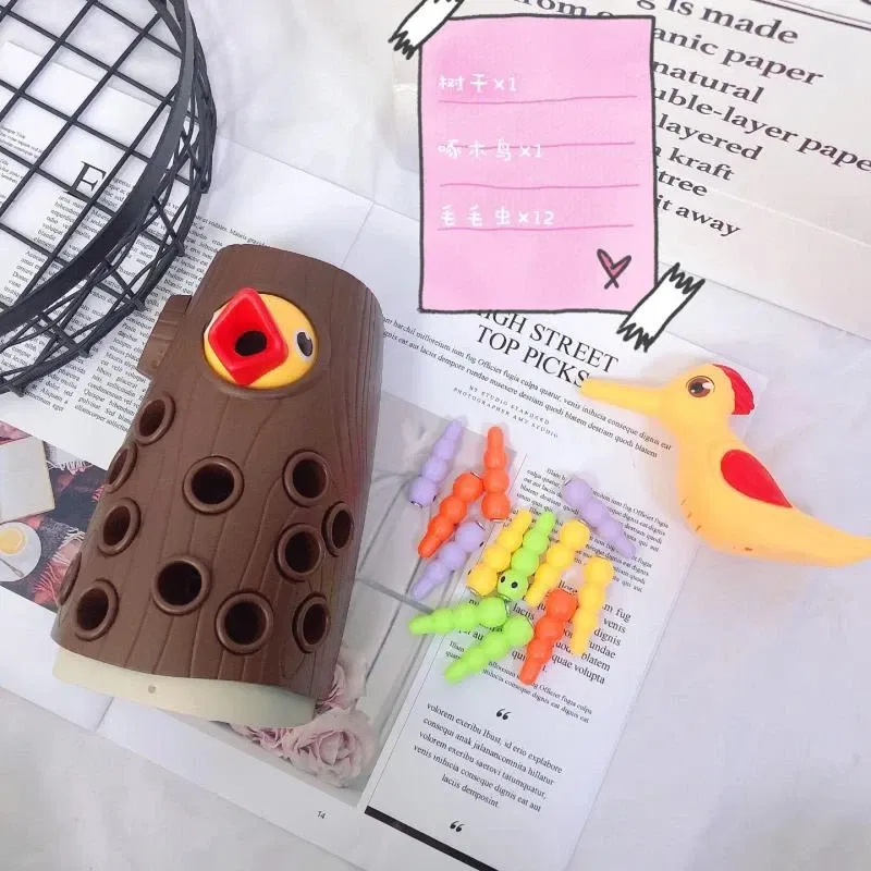 Color: Fuchsia - Montessori Toy Woodpecker Magnetic Catch Worm Bugs Small Birds Feeding Game Toys for Children Kids Early Educational Family Toys