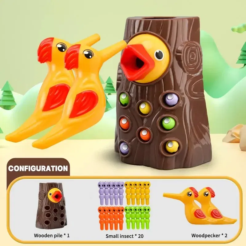 Color: Fuchsia - Montessori Toy Woodpecker Magnetic Catch Worm Bugs Small Birds Feeding Game Toys for Children Kids Early Educational Family Toys