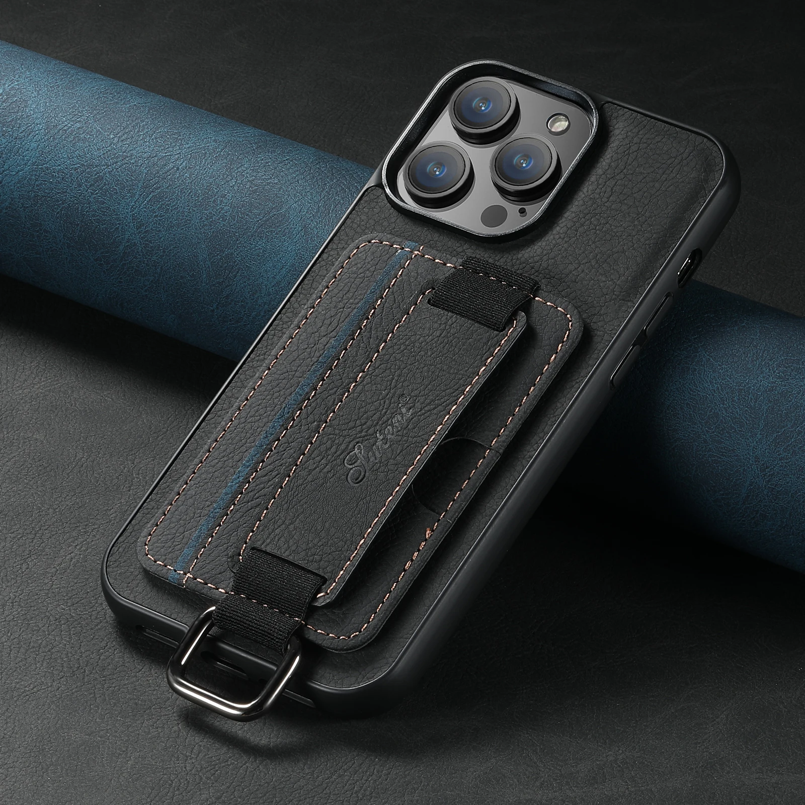 Color: black, Material: Carbon Fiber - SUTENI Lychee skin print wrist strap card phone case Card holder for iPhone 16 ProMax 15 Plus 14 13 12 11 XR XS Black/blue/brown