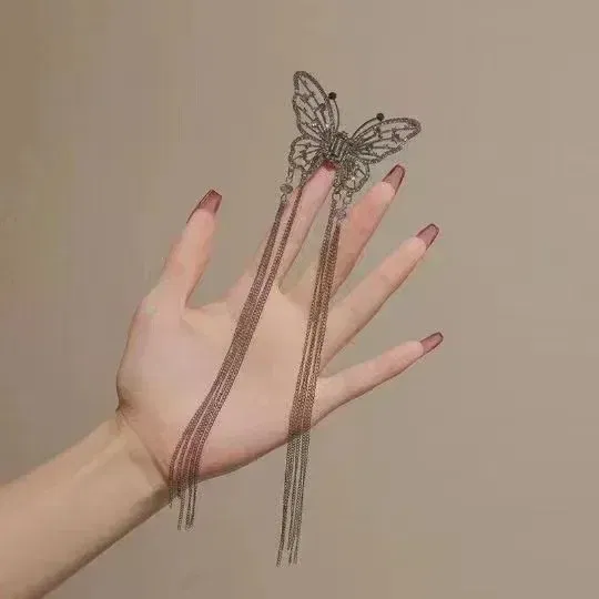 Color: GRAY - 2024 New Super Immortal Hollow Butterfly Tassel Women's Grab Clip Half Tie Hair Fashion Girl Pearl Pendant Hair Card Shark Clip