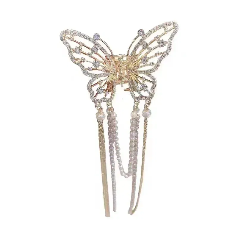 Color: GRAY - 2024 New Super Immortal Hollow Butterfly Tassel Women's Grab Clip Half Tie Hair Fashion Girl Pearl Pendant Hair Card Shark Clip