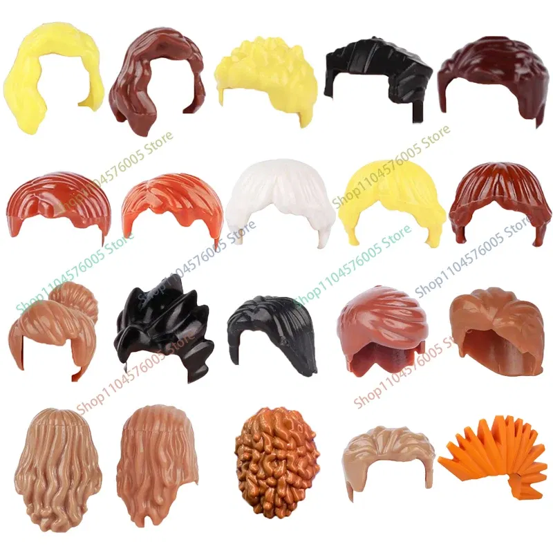 Color: Trans-light Blue - MOC Brown Hair Building Blocks City Figures Body Creative Accessory Blond Gold White Parts DIY Hats Mini Bricks Assemble Toy S04