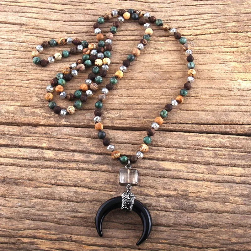 Metal Color: cobalt violet, Length: 45cm, Ships From: CHINA - Fashion Bohemian Jewelry Natural Stones Crystal Glass Knotted Ox Horn Moon Pendant Necklace Women Boho Necklaces Girls