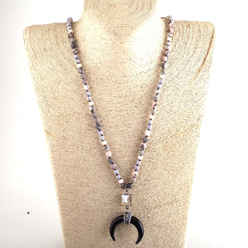 Metal Color: cobalt violet, Length: 45cm, Ships From: CHINA - Fashion Bohemian Jewelry Natural Stones Crystal Glass Knotted Ox Horn Moon Pendant Necklace Women Boho Necklaces Girls