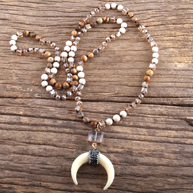 Metal Color: cobalt violet, Length: 45cm, Ships From: CHINA - Fashion Bohemian Jewelry Natural Stones Crystal Glass Knotted Ox Horn Moon Pendant Necklace Women Boho Necklaces  Girls
