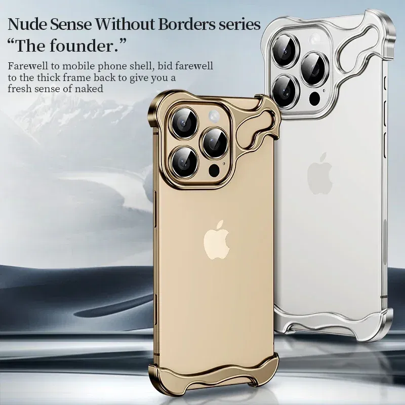 Color: black, Material: ABS - Aluminum Metal Rimless Phone Case for iPhone 16 15 14 Plus 13 12 Pro Max Lens Protective Film Hollow Logo Cooling Accessory Case