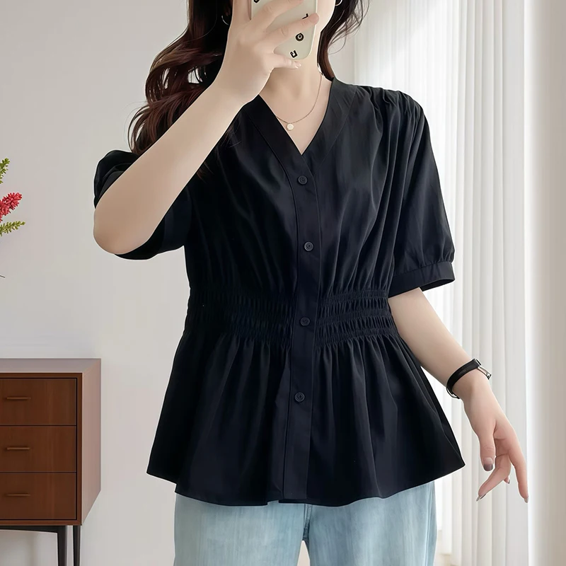 Color: Glowing Yellow, Size: 3XL - 200 Pounds Plus Size Elastic Waist Summer Shirt And Blouse Short Sleeve Solid Top Women's New In Clothes Simple V-neck French