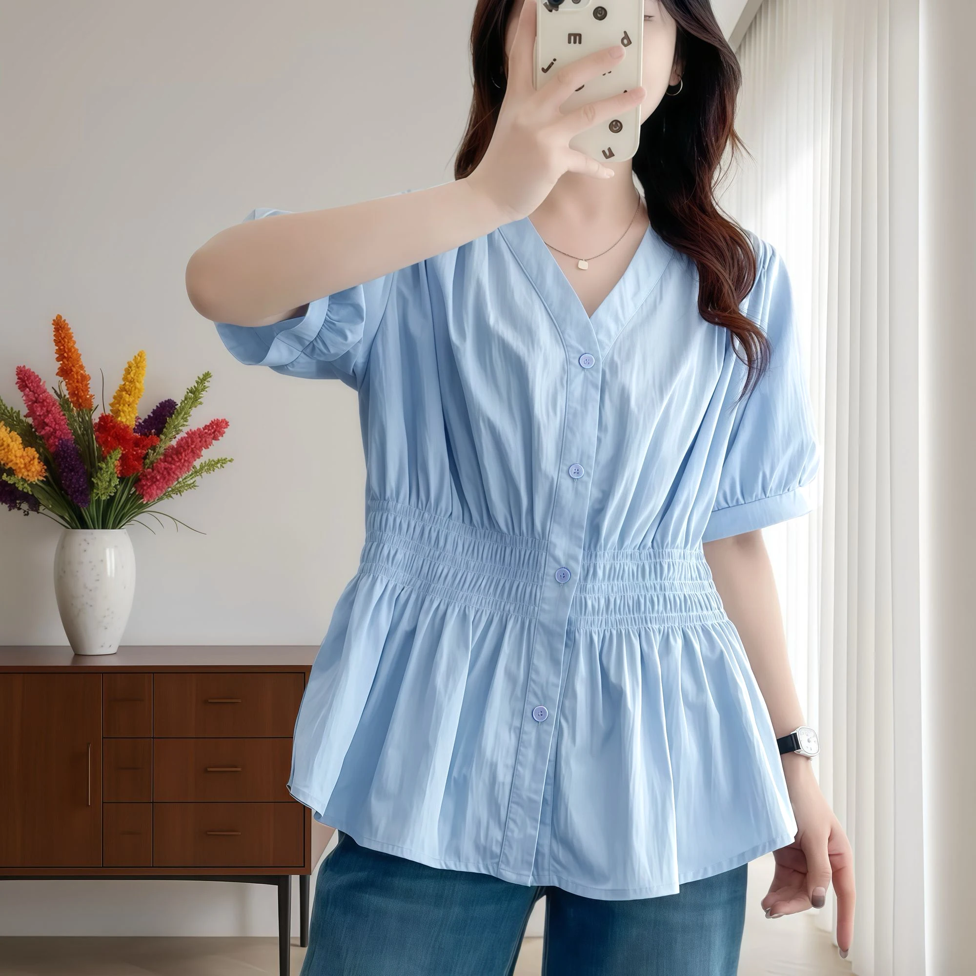 Color: Glowing Yellow, Size: 3XL - 200 Pounds Plus Size Elastic Waist Summer Shirt And Blouse Short Sleeve Solid Top Women's New In Clothes Simple V-neck French