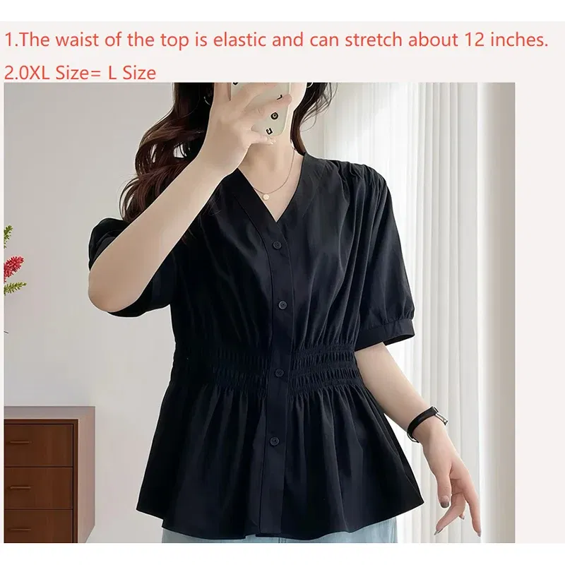 Color: Glowing Yellow, Size: 3XL - 200 Pounds Plus Size Elastic Waist Summer Shirt And Blouse Short Sleeve Solid Top Women's New In Clothes Simple V-neck French