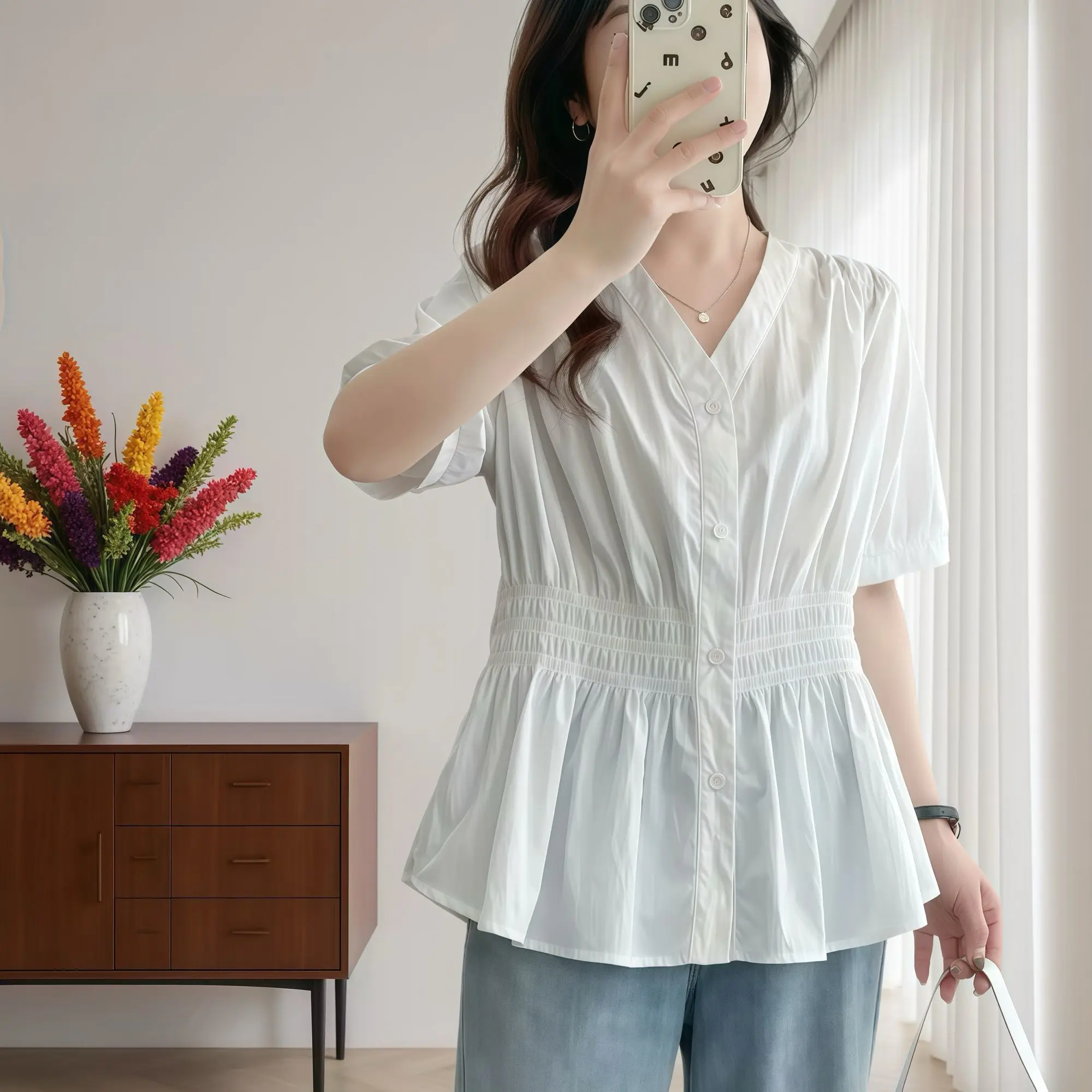 Color: Glowing Yellow, Size: 3XL - 200 Pounds Plus Size Elastic Waist Summer Shirt And Blouse Short Sleeve Solid Top Women's New In Clothes Simple V-neck French