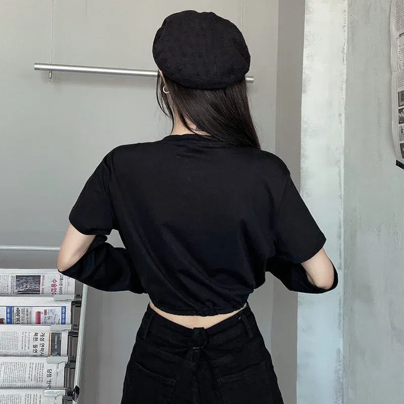 Color: black, Size: XXL - Solid T-shirts Women Removable Sleeve Sequined Chain Japanese Style Harajuku Trendy Goth Y2k Female Crop Top Hot Sale Popular