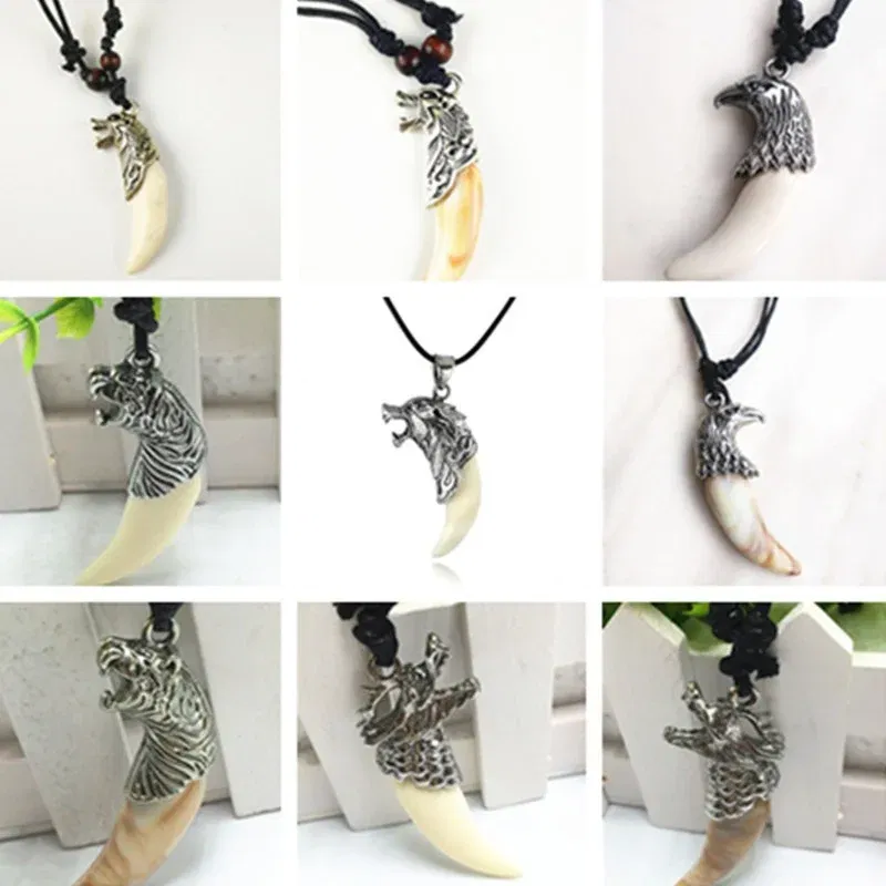 Metal Color: RED-BROWN, Length: 60cm, Ships From: CHINA - 8 style Punk Alloy Wolf Leopard head Eagle Head Tiger Teeth Pendant Necklace Charms Beads Sweater Chain Rope Women Amulet