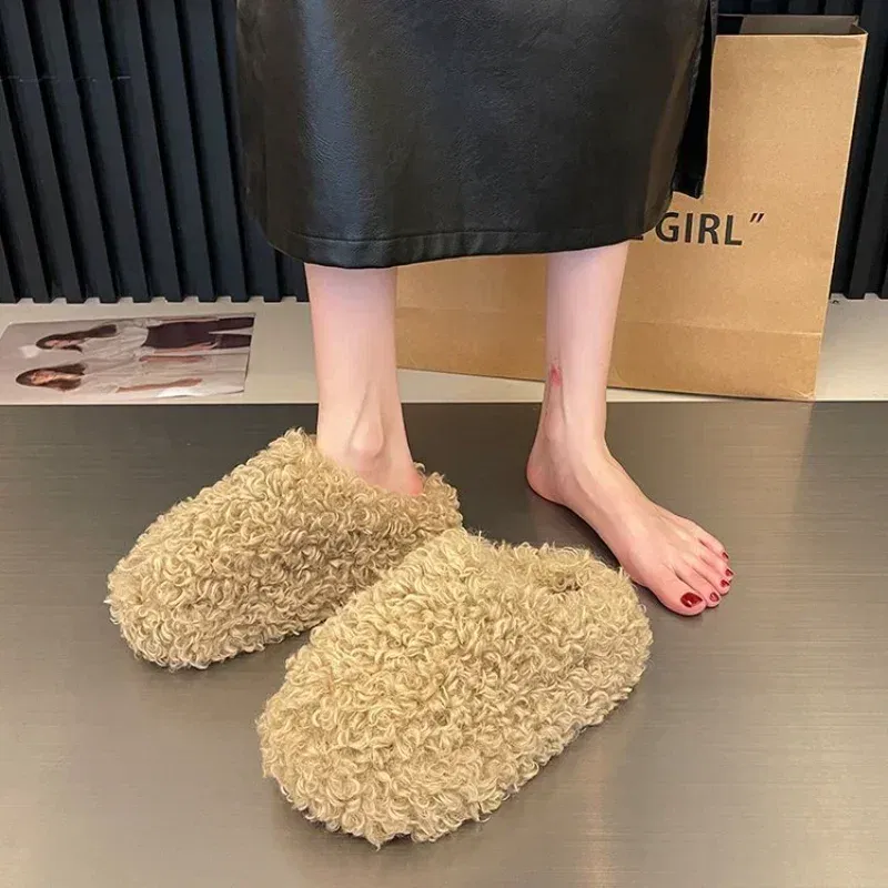 Color: black, Shoe Size: 40 - Thick Heel Luxury Lambwool Mules  Winter Shoes Woman Flip Flops Flat Cover Toe Slides Ins Warm Curly Lamb Fur Slippers Women