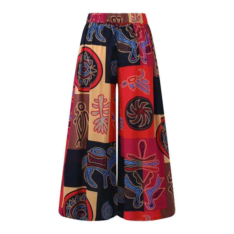 Color: Blue, Size: L - Women Elastic Pants Waist Loose Casual Print Wide Leg Pants Slim For Female Elasticated Trousers Mid Waist Wide Leg Pants