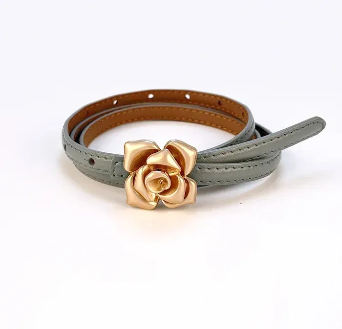 Color: LIGHT BLUE, Belt Length: 105CM - 1.0cm New Unique Rose Genuine Leather Gold Belt Women Fashion Cowskin Flower Thin Belts Female Jeans Dress Waistband