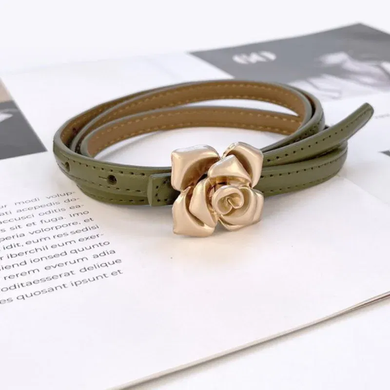 Color: LIGHT BLUE, Belt Length: 105CM - 1.0cm New Unique Rose Genuine Leather Gold Belt Women Fashion Cowskin Flower Thin Belts Female Jeans Dress Waistband