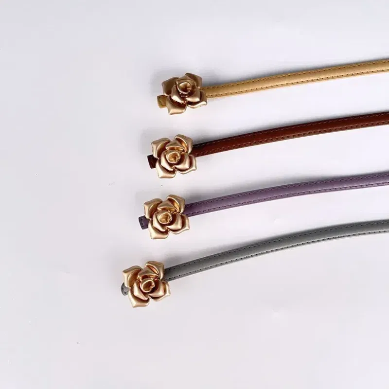 Color: LIGHT BLUE, Belt Length: 105CM - 1.0cm New Unique Rose Genuine Leather Gold Belt Women Fashion Cowskin Flower Thin Belts Female Jeans Dress Waistband