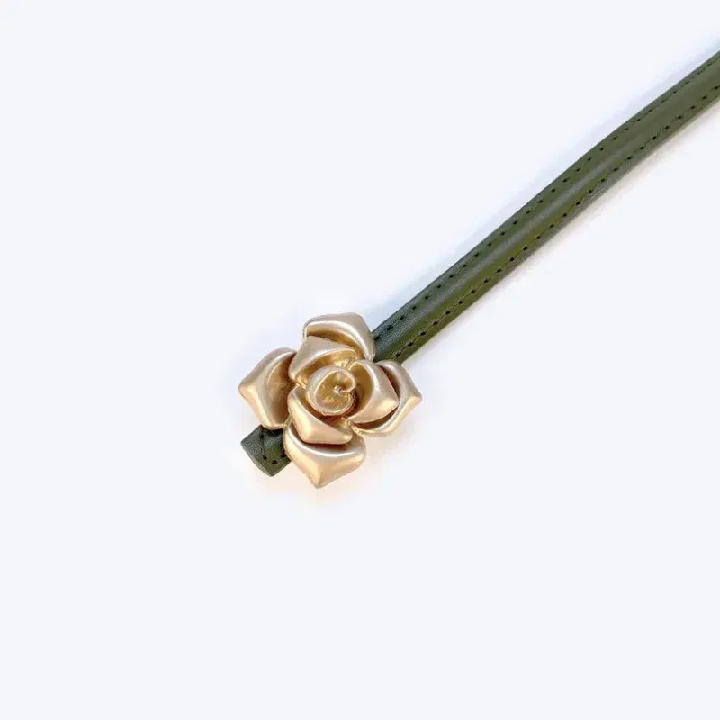 Color: LIGHT BLUE, Belt Length: 105CM - 1.0cm New Unique Rose Genuine Leather Gold Belt Women Fashion Cowskin Flower Thin Belts Female Jeans Dress Waistband