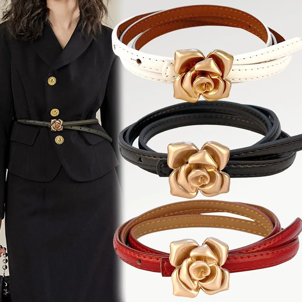 Color: LIGHT BLUE, Belt Length: 105CM - 1.0cm New Unique Rose Genuine Leather Gold Belt Women Fashion Cowskin Flower Thin Belts Female Jeans Dress Waistband