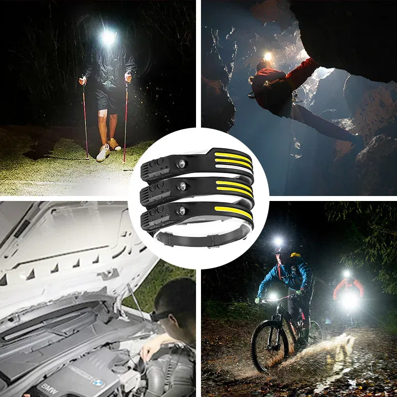 Emitting Color: WHITE - Induction Headlamp COB LED Sensor Head Lamp Built-in Battery Flashlight USB Rechargeable Head Torch 5 Lighting Modes Headlight
