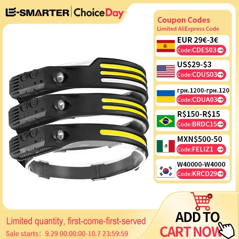 Emitting Color: WHITE - Induction Headlamp COB LED Sensor Head Lamp Built-in Battery Flashlight USB Rechargeable Head Torch 5 Lighting Modes Headlight