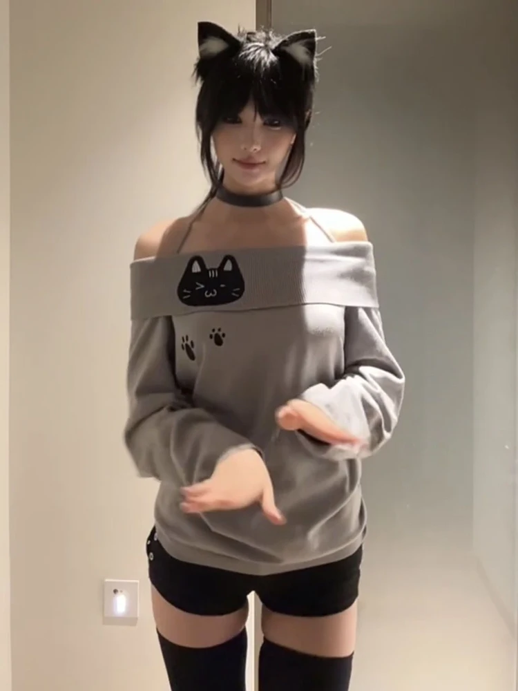 Color: GRAY, Size: L - Cute Embroidery Off The Shoulder T Shirt Women Kawaii Cat Long Sleeve Basic Blouse Tight Basic Crop Top Strapless Gray Tees