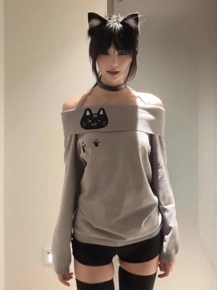 Color: GRAY, Size: L - Cute Embroidery Off The Shoulder T Shirt Women Kawaii Cat Long Sleeve Basic Blouse Tight Basic Crop Top Strapless Gray Tees