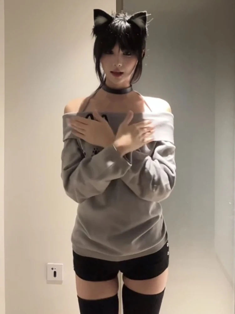 Color: GRAY, Size: L - Cute Embroidery Off The Shoulder T Shirt Women Kawaii Cat Long Sleeve Basic Blouse Tight Basic Crop Top Strapless Gray Tees