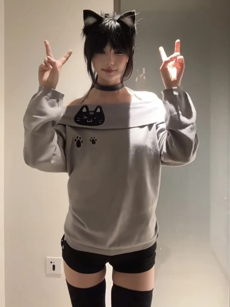 Color: GRAY, Size: L - Cute Embroidery Off The Shoulder T Shirt Women Kawaii Cat Long Sleeve Basic Blouse Tight Basic Crop Top Strapless Gray Tees