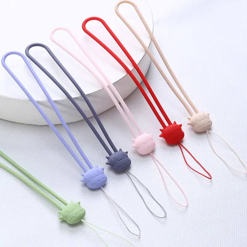 Color: Pink - Cartoon cow silicone lanyard liquid short wrist lanyard creative warm hand treasure U disk sling silicone mobile phone lanyard