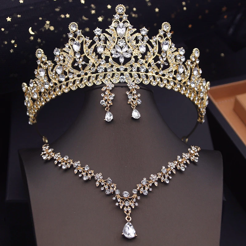 Metal color: Blue Zinc Plated - Royal Queen Tiaras Bridal Jewelry Sets Evening Crown Choker Necklace Sets Wedding Dress Jewelry Prom Costume Accessory Bride