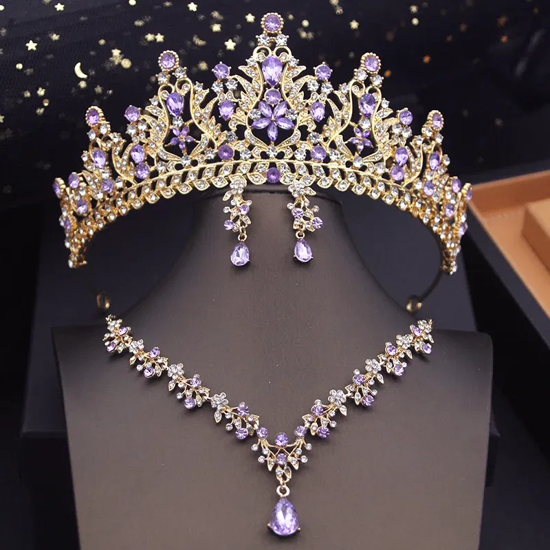 Metal color: Blue Zinc Plated - Royal Queen Tiaras Bridal Jewelry Sets Evening Crown Choker Necklace Sets Wedding Dress Jewelry Prom Costume Accessory Bride