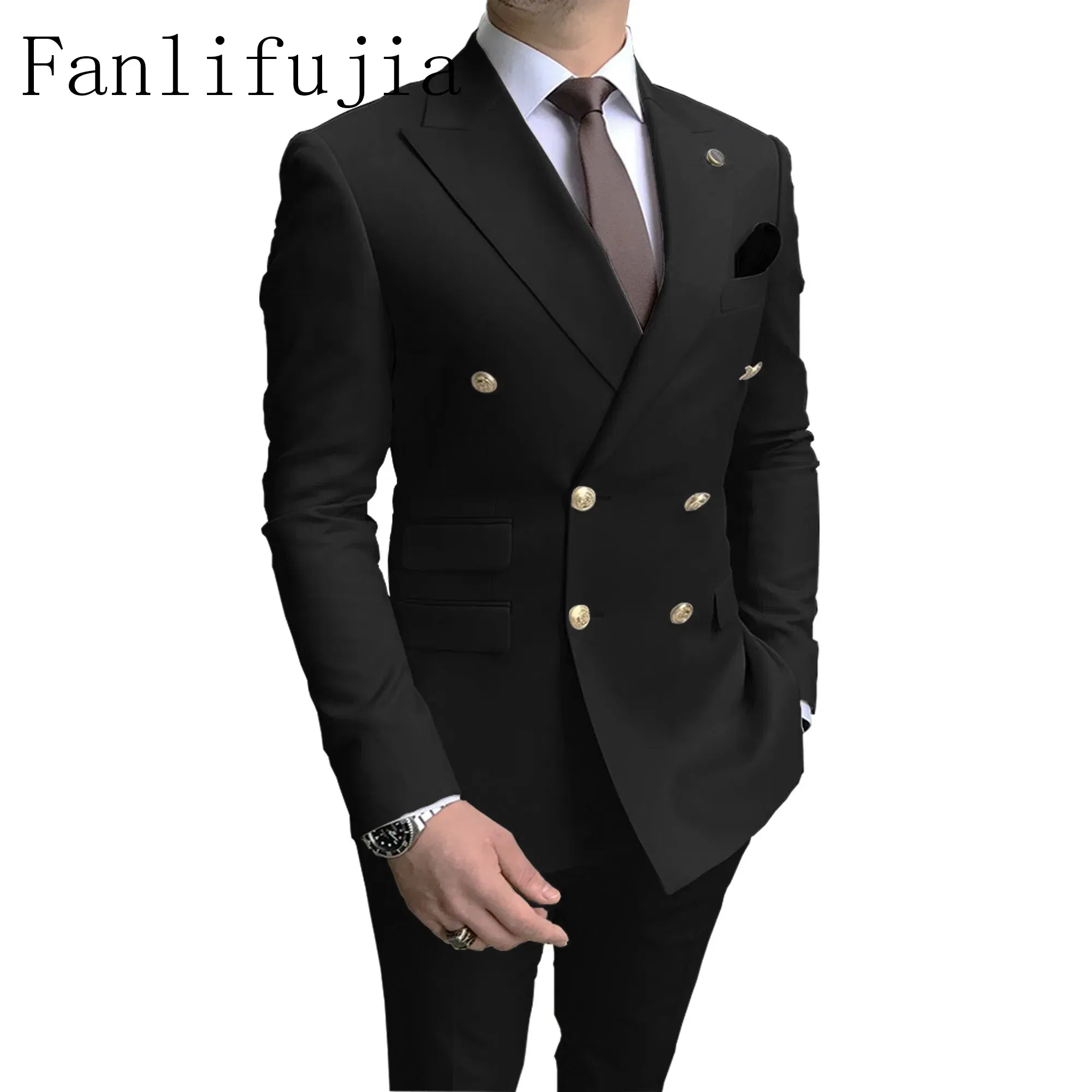 Color: black, Size: M - Fanlifujia Store 2024 Casual Sky Blue Men Suits Double Brested Peak Lapel Gold Button Groom Wedding Tuxedos Best Costume Homme