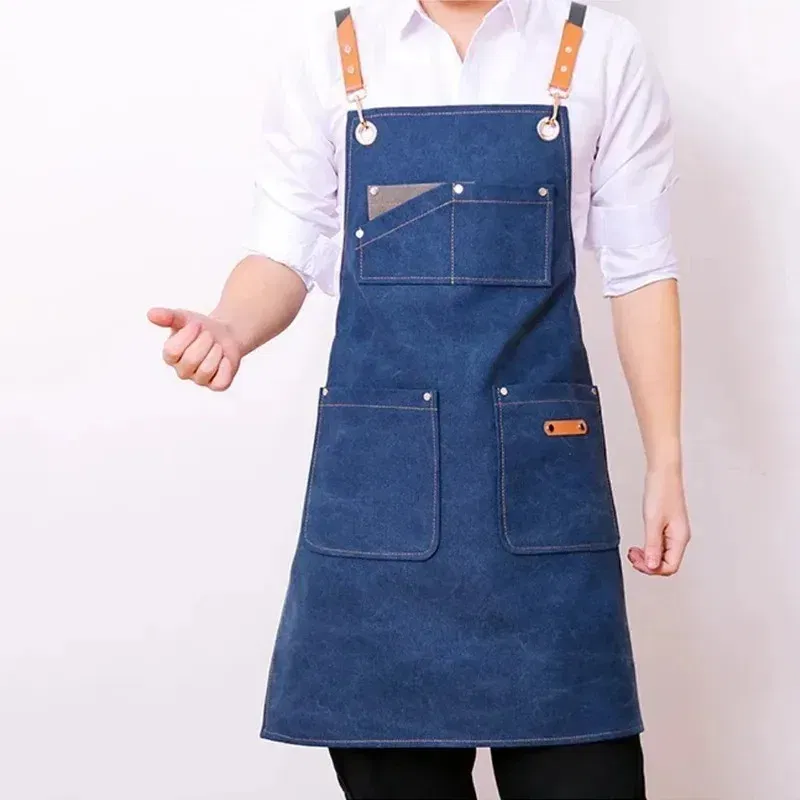 Color: WHITE - Apron Men Women Aprons W/ Large Pockets Cooking Aprons, Canvas Cross Back Apron Adjustable Strap Baker Apron Kitchen Baking Bib