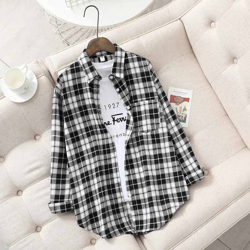 Color: Beige, Size: XL - Fresh Flannel Plaid Shirt Women 2024 New Female Blouses and Tops Cotton Loose Long Sleeve Casual Shirts Fine Women's Clothes