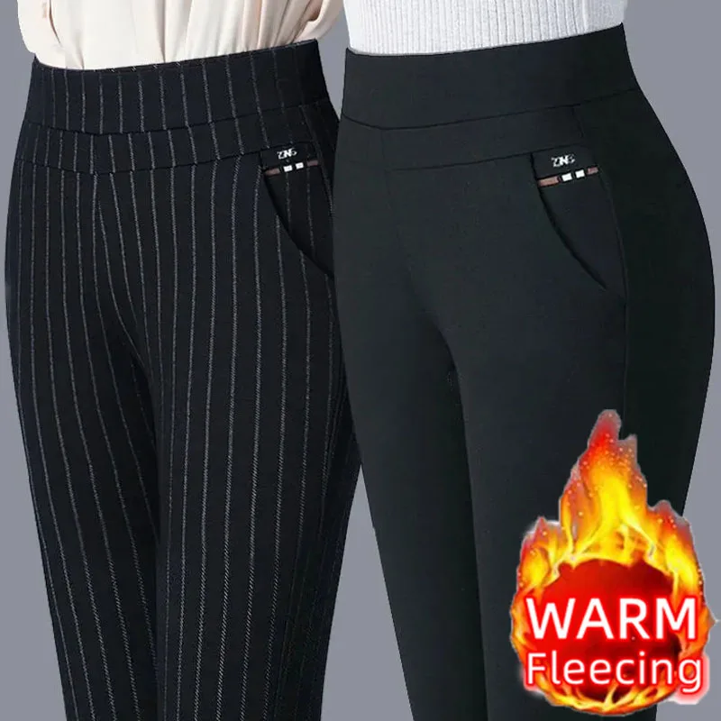 Color: WHITE, Size: M - Thin & Thick Warm Winter Pencil Pants Womens Snow Plush Strench Lady OL SkinnyTrousers Femal Thichen Slim Clothing Leggings