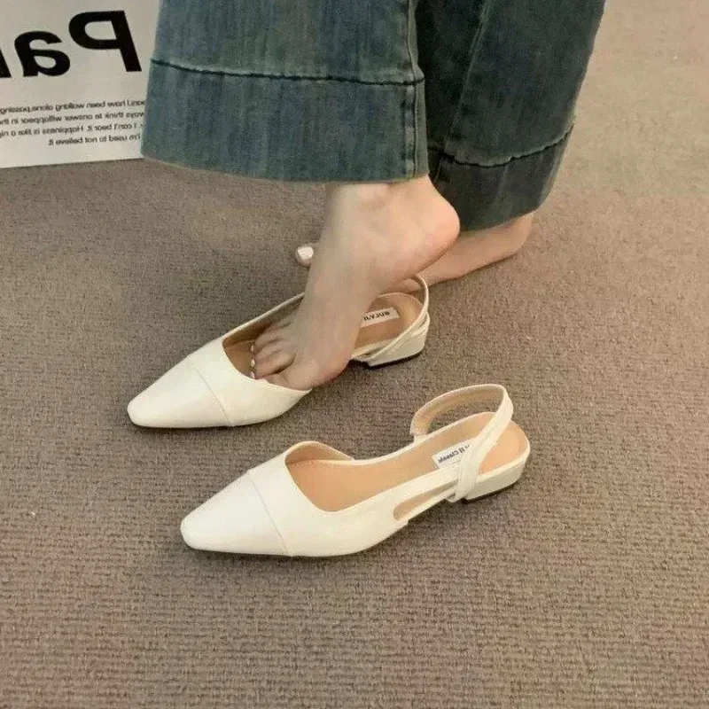 Color: WHITE, Shoe Size: 41 - 24Low Heel Baotou Sandals Women's French Nude Color Pointed Small Fragrant Style Ladies Thick Heels Back Air Style Single Shoes
