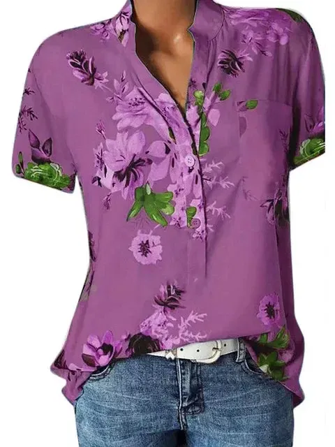 Color: Fuchsia, Size: XL - Temperament new women's shirt printing large size casual shirt loose V-neck short-sleeved shirt blouse