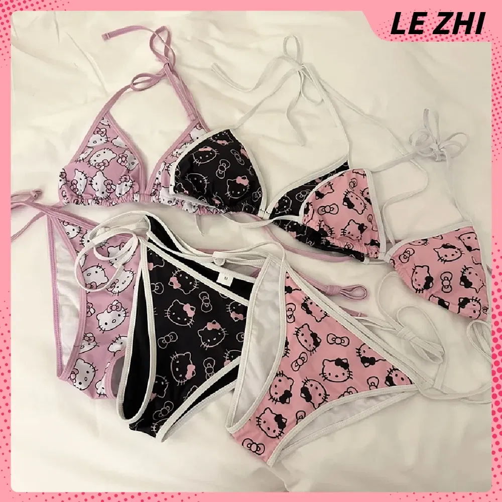 Color: Olive, Size: M - Kawaii Hello Kitty Bikini Cartoon Printing Two-piece Swimsuit Euro-american Spice Girl Underwear Sexy Bikini Holiday Gift